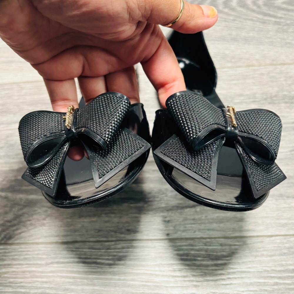 Salvatore Ferragamo Black Barbado Bow Peep Toe‎ Jelly Flats Size 8 - Picture 5 of 11